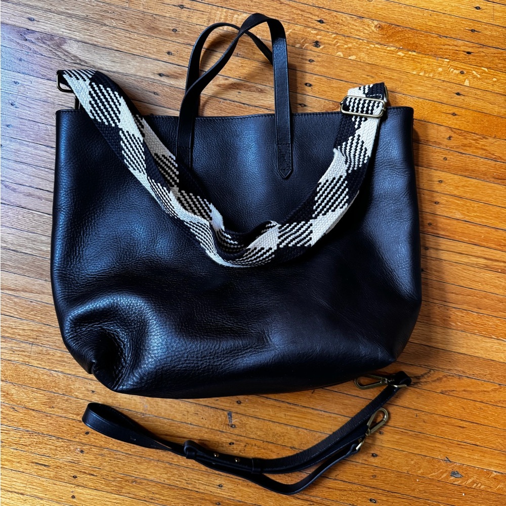 Black Leather Tote Bag with Patterned Strap